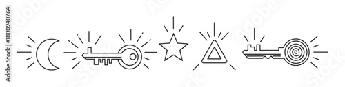 A collection of esoteric and mystical symbols drawn in a simple black outline style, featuring a crescent moon, star, triangle, and two keys, all glowing on a white background