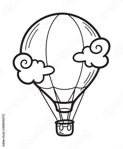 Charming black and white line art illustration of a hot air balloon with a basket flying among cartoon clouds, isolated on a white background for a coloring book page
