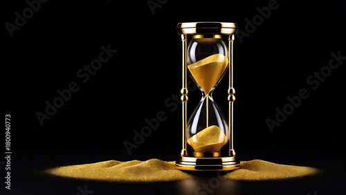 Luxury gold hourglass with sparkling sand on a black background, symbolizing time, elegance, and precision.