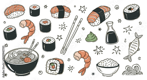 A large set of traditional Japanese food illustrations in a charming doodle sketch style, featuring sushi, nigiri, ramen, rice, shrimp, wasabi, and soy sauce elements