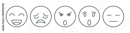 A set of five minimalist line art emoticons showing a range of emotions from happy to neutral, isolated on a white background for customer feedback or mood rating concepts