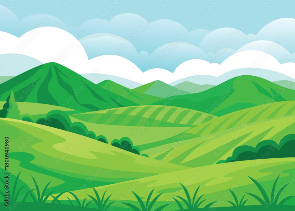 Fototapeta premium Green landscape vector illustration for website background and nature themed graphic design projects 