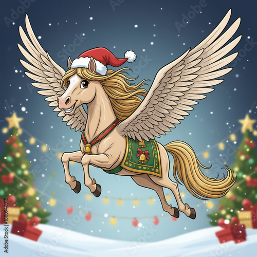 Christmas pegasus flies through snowy wonderland