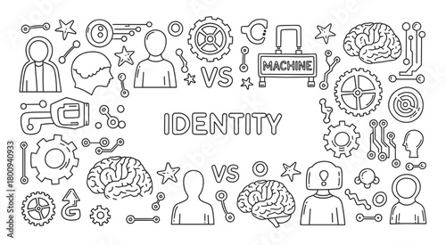 Conceptual doodle illustration with icons of brains, gears, and circuits exploring the theme of human versus machine identity in a minimalist black and white line art style