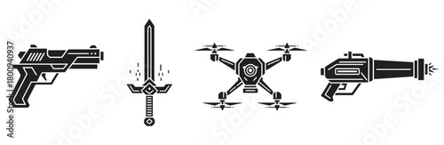 A set of futuristic weapon and technology icons, including a sci-fi pistol, fantasy sword, quadcopter drone, and laser blaster, presented in a bold black silhouette graphic style