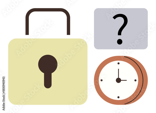 Large yellow padlock, question mark in a gray square, and orange circular clock suggesting puzzle-solving, time management, security, and decision-making. Ideal for goals, challenges, protection