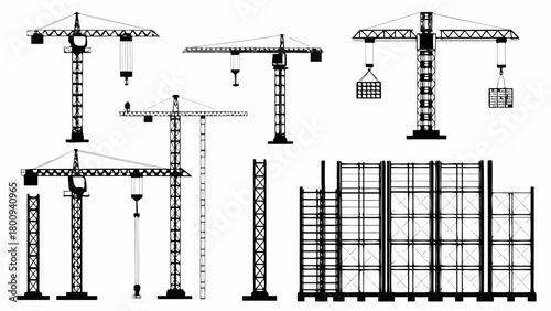 Construction cranes in silhouette, a vital infrastructure for building a modern city skyline, vector