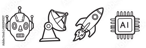 A set of technology and science icons including a robot head, satellite dish, rocket ship, and an AI microchip, illustrated in a simple black and white line art style