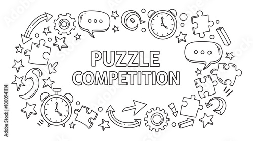 Hand-drawn doodle illustration with the text 'Puzzle Competition' surrounded by icons like jigsaws, clocks, and gears, representing a concept of challenge and problem-solving