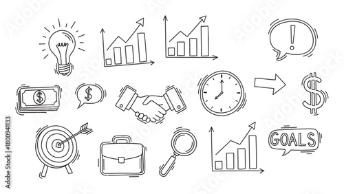 Set of black and white sketch icons representing business strategy, financial growth, and success concepts like goals, ideas, and partnership, drawn in a simple doodle style
