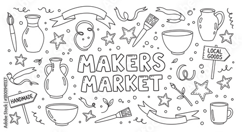 A black and white outline illustration for a makers market, featuring hand-drawn lettering, pottery, art supplies, and decorative elements for a craft fair concept