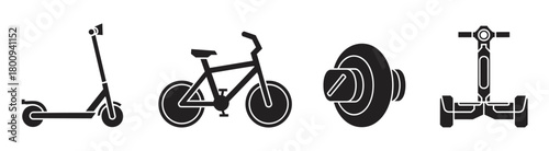 Set of black silhouette icons representing modern personal urban transport, including an electric scooter, bicycle, monowheel, and self-balancing vehicle on a white background