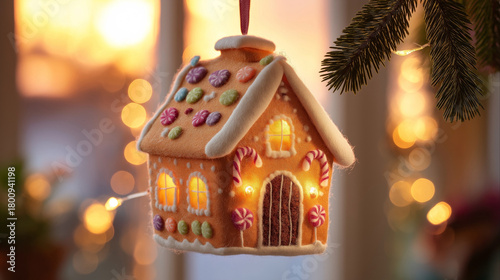 Hanging gingerbread house ornament glowing with festive holiday lights.