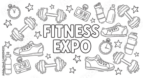 A hand-drawn doodle illustration for a fitness event, featuring dumbbells, sneakers, water bottles, and stopwatches in a black and white line art style on a white background