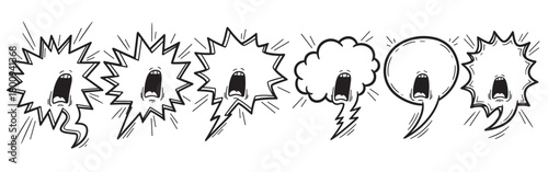 A collection of hand-drawn black and white speech bubbles with screaming faces, expressing anger and frustration in a cartoon doodle style, isolated on a white background