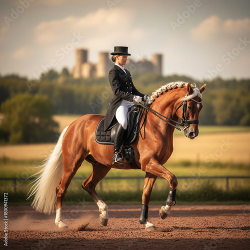 Equestrian dressage with horse in perfect harmony