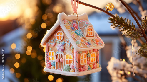 Charming gingerbread house Christmas ornament hanging outdoors with bokeh lights.