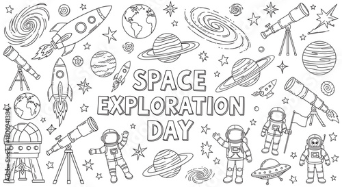 A large collection of hand-drawn space exploration doodles with astronauts, rockets, planets, and telescopes, designed as a black and white line art coloring page for children
