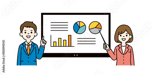 オンラインホワイトボードと、プレゼンするビジネスパーソンの上半身ベクターイラスト素材＿カラー