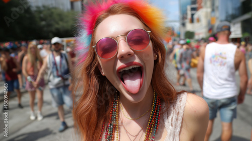 Excited woman with rainbow hair sticking out tongue at festival.