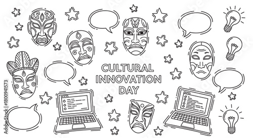 Conceptual illustration combining tradition and technology, with hand-drawn ethnic masks representing culture and laptops and lightbulbs symbolizing modern digital innovation