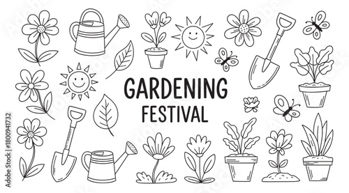 A charming black and white doodle set for a gardening festival concept, featuring hand-drawn flowers, tools, potted plants, and smiling suns isolated on a white background