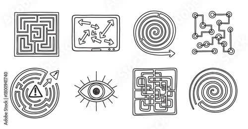 A collection of hand-drawn doodle icons representing concepts of complexity, confusion, and strategy, featuring various mazes, chaotic arrows, a circuit, and an eye, isolated on white