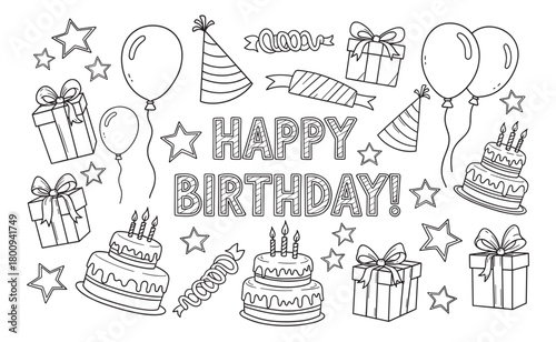 A collection of hand-drawn birthday party doodles including cakes, gifts, and balloons with celebratory text, perfect for a coloring page or greeting card design
