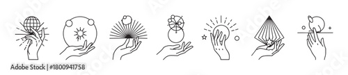 Set of modern esoteric icons in a minimalist line art style featuring hands holding celestial and magical symbols like planets, stars, and a crystal ball, isolated on white