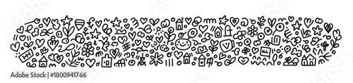 Monochrome banner illustration with a dense pattern of cute, naive hand-drawn symbols like hearts, flowers, stars, and houses, creating a cheerful and lovely background