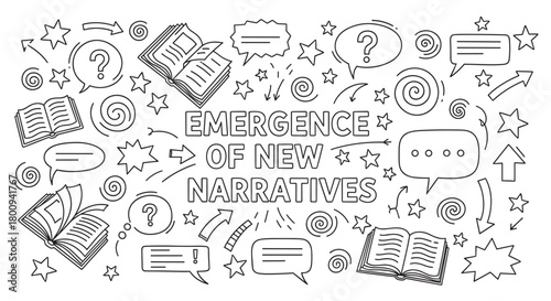 Hand-drawn concept art illustrating the theme of storytelling and communication, featuring books, speech bubbles, question marks, and dynamic arrows in a black and white doodle style