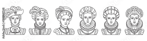 A set of six historical portraits of noblewomen in elegant Renaissance attire with ruff collars and elaborate hairstyles, presented as a black and white line art illustration