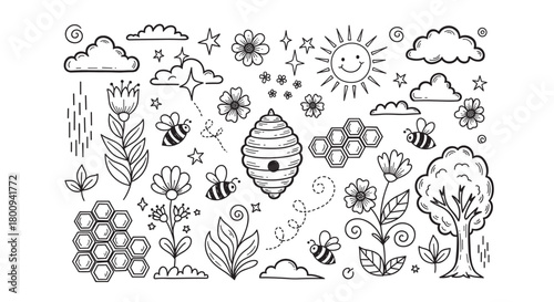 A charming collection of hand-drawn doodle illustrations featuring cute bees, a beehive, honeycombs, flowers, and a smiling sun in a whimsical nature-themed line art set