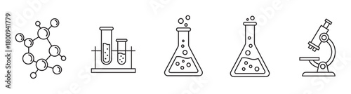 A set of science and chemistry line art icons including a molecule, test tubes, laboratory flasks, and a microscope, isolated on a white background for research concepts