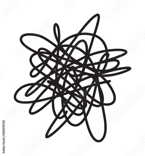Abstract illustration of a chaotic tangled line, a messy black doodle on a white background symbolizing confusion, anxiety, a complicated problem, or creative thinking