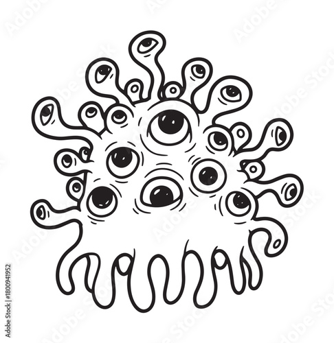 A quirky hand-drawn monster with many eyes and tentacles, a black and white doodle illustration of a surreal alien or virus creature isolated on a white background