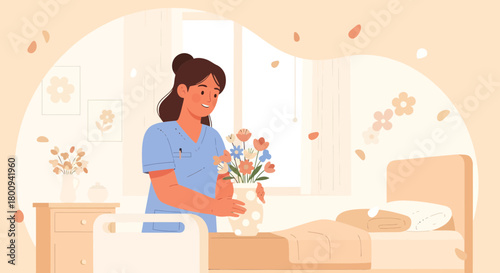 A Kind Caregiver Places Flowers Beside a Patient in a Warm and Comforting Room