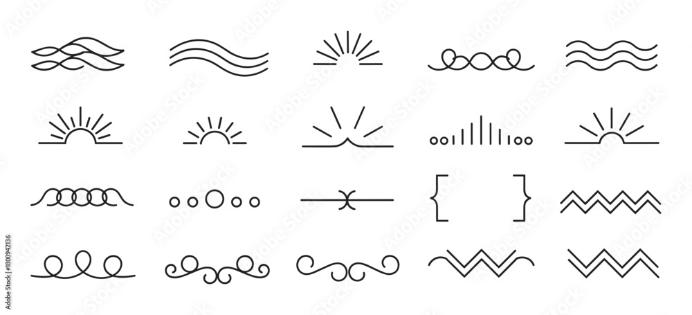 Fototapeta premium A collection of minimalist black line art icons and decorative dividers, including sun, wave, and swirl motifs, isolated on a clean white background for graphic design