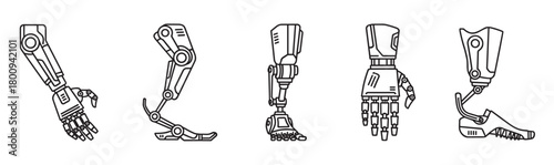 A collection of futuristic robotic prosthetic limbs, including bionic arms and legs, illustrated in a clean black and white line art style isolated on a white background