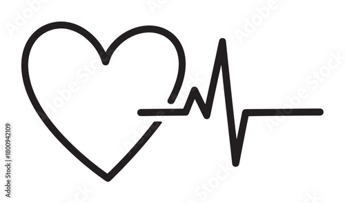 A minimalist black line icon of a heart symbol transitioning into a heartbeat or cardiogram line, representing health, love, and life, isolated on a clean white background