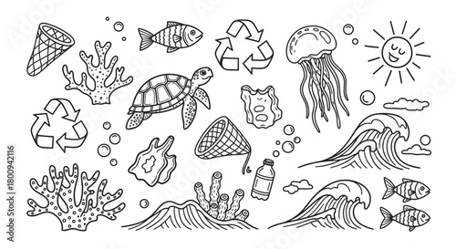 A collection of hand-drawn doodle icons showing marine life like turtles and fish alongside ocean pollution such as plastic bottles and nets, with recycling symbols promoting environmental awareness