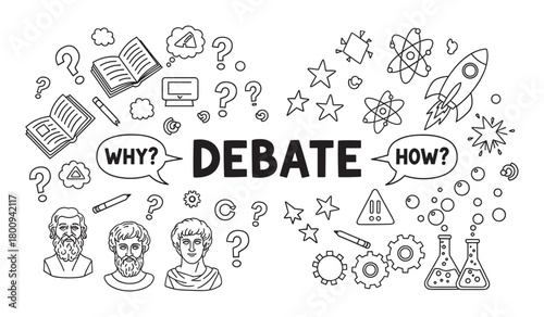 Doodle-style banner illustrating the concept of a debate, contrasting philosophical questions like 'why' with scientific and technical questions like 'how'