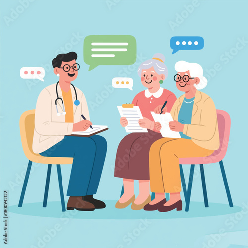 Grandmothers Consult a Doctor Illustrator Artwork Banner Background Design Template 