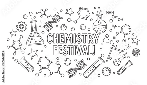 Chemistry festival concept banner with scientific elements like molecules, DNA, and laboratory equipment in a black and white outline illustration style on a white background