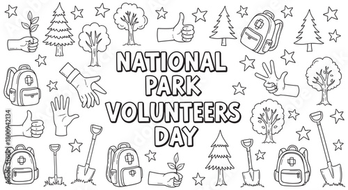 A doodle-style black and white illustration celebrating park volunteering with text, trees, planting hands, backpacks, and shovels, designed as a coloring activity page