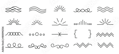 A collection of minimalist black line art icons and decorative dividers, including sun, wave, and swirl motifs, isolated on a clean white background for graphic design