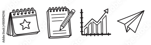 A hand-drawn set of business icons in a simple black line art style, illustrating planning, note-taking, financial growth, and creative startup launch, isolated on white