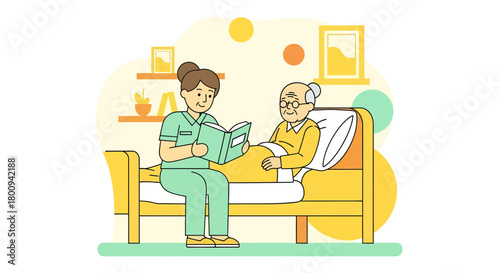 Caregiver Reading To Senior Citizen Patient Comforting Story Illustrative Design Graphic