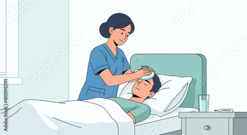 Caring Nurse Applying Cold Compress on Sick Patient's Forehead to Reduce Fever