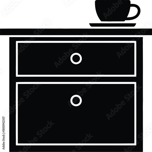 Simple silhouette of a two drawer nightstand with coffee cup